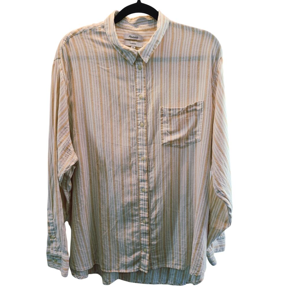 Madewell Plus 2X Yellow Stripe Linen Long Sleeve Button Front Shirt Collared
